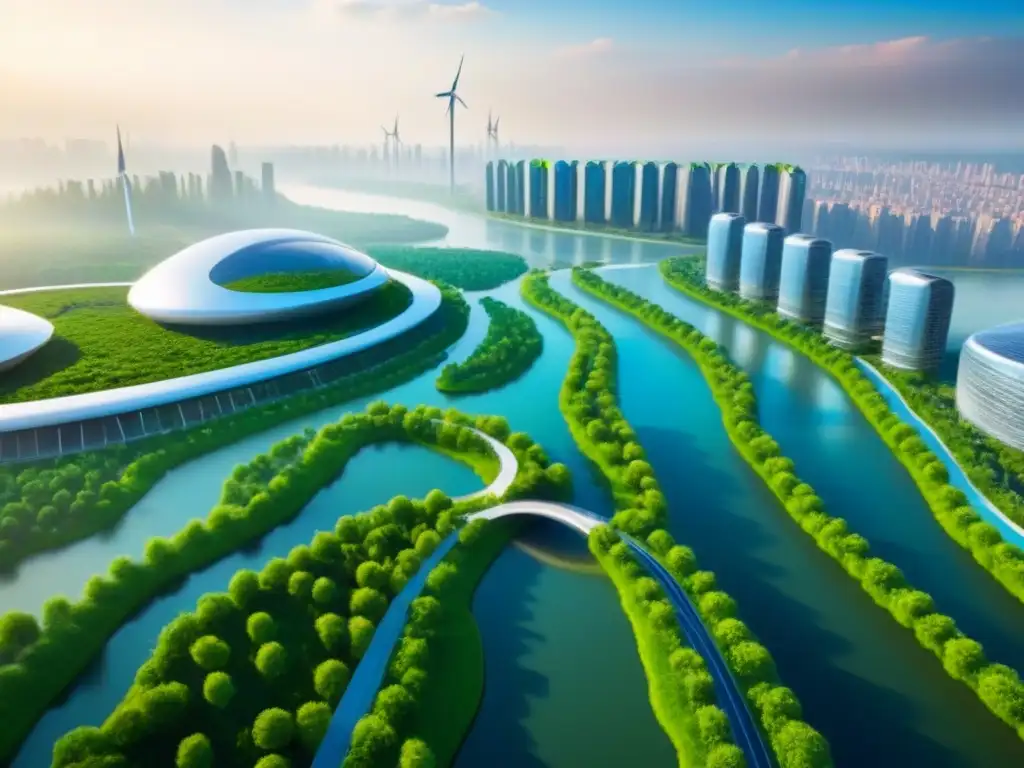 Cityscape ecoinnovador: armonía entre urbanismo y naturaleza Vista aérea de ciudad ecoamigable futurista con construcción sostenible para inversores globales