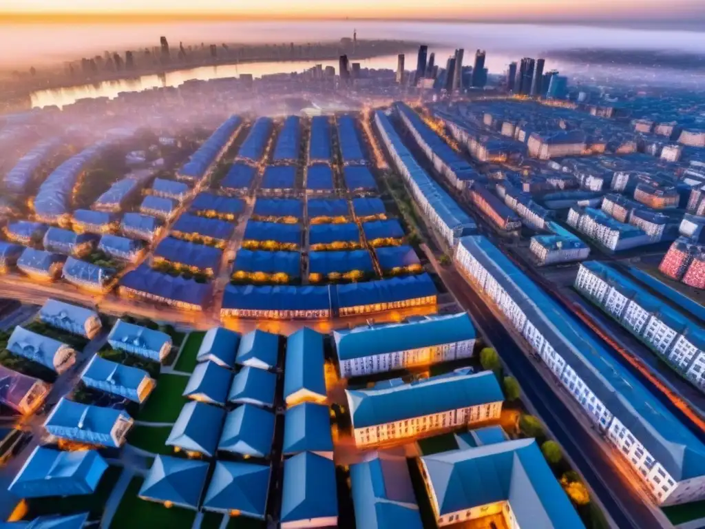 Vista aérea de una ciudad en economía en desarrollo con reformas en vivienda y contrastes entre lo antiguo y lo moderno