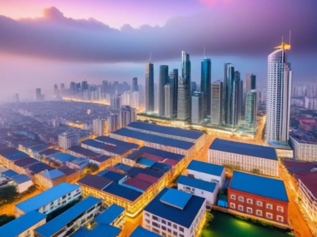 Skyline vibrante en economía emergente: oportunidades inmobiliarias Vista aérea de una ciudad en una economía emergente, con rascacielos, mercados callejeros y barrios diversos