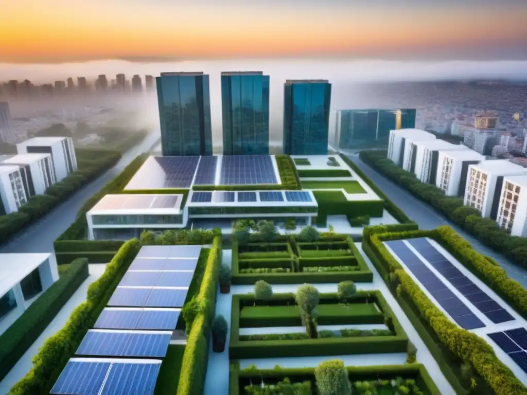 Transformación sostenible: M&A inmobiliarias lideran el cambio Vista aérea de una ciudad con edificios sostenibles de M&A inmobiliarias desarrollo sostenible