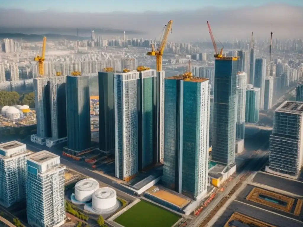 Vista aérea de ciudad: crecimiento y modernidad Vista aérea de una ciudad con edificios modernos y grúas de construcción, simbolizando crecimiento y desarrollo en el sector inmobiliario