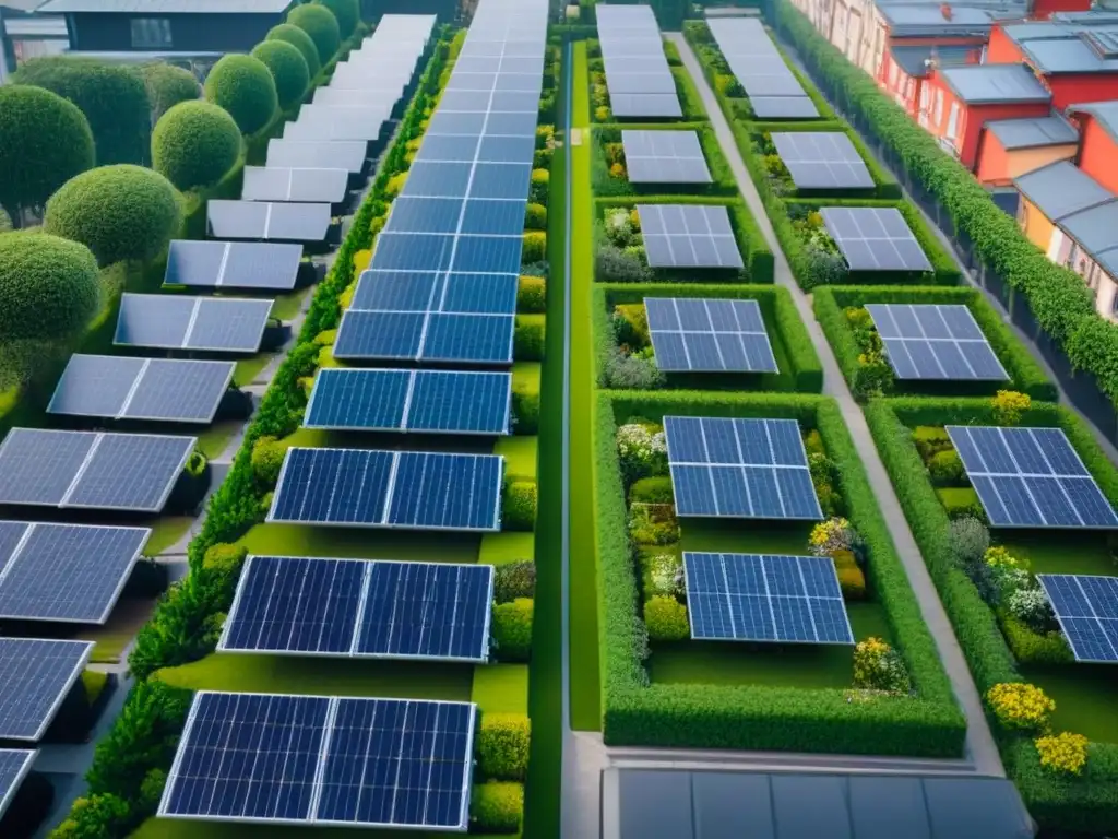 Arquitectura sostenible: modernidad verde en ciudad vibrante Vista aérea de ciudad con edificios sostenibles, normativas ambientales inversión inmobiliaria internacional