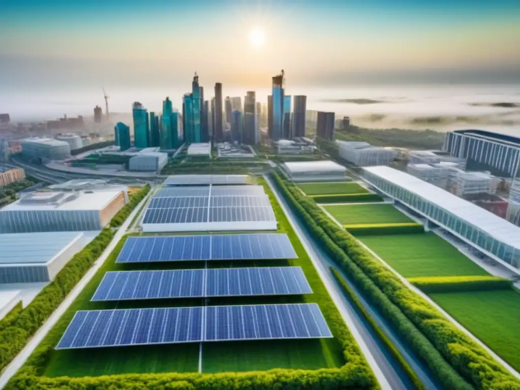 Vista aérea: Sostenibilidad urbana LEED vs Vista aérea de una ciudad con edificios sostenibles, destacando certificaciones LEED BREEAM para inversores internacionales