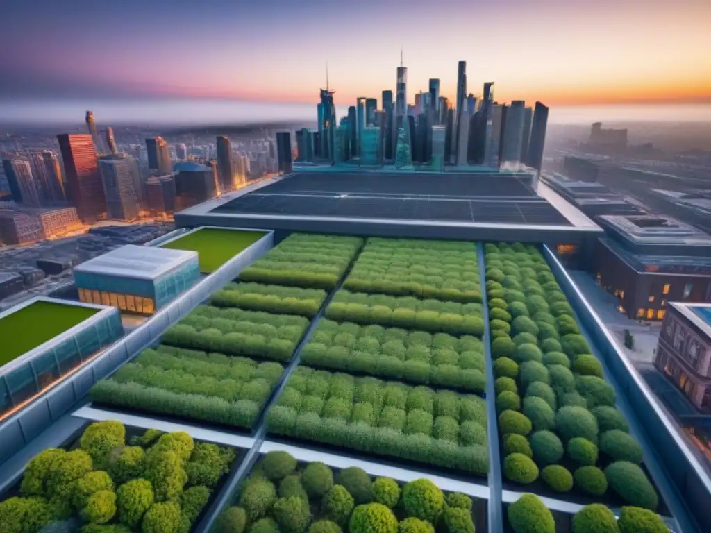 Horizonte urbano sostenible: edificios LEED y BREEAM integrados Vista aérea de una ciudad con edificios certificados LEED y BREEAM, resaltando su impacto económico y ambiental