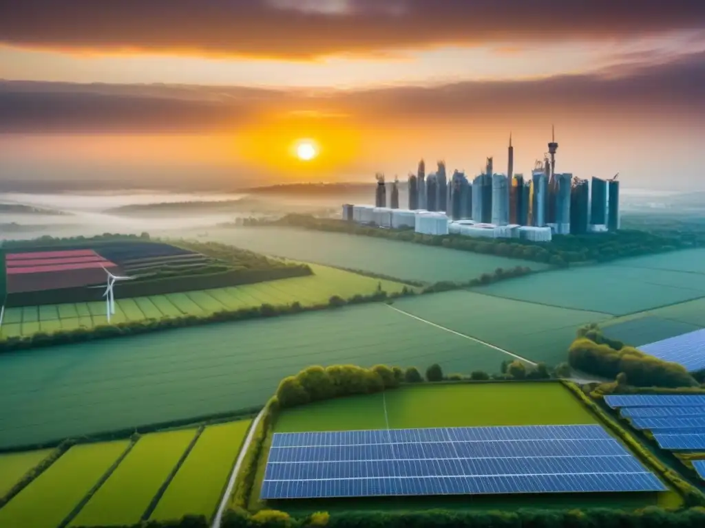Horizonte urbano sostenible: edificios ecofriendly al atardecer Vista aérea de ciudad con edificios ecológicos, paneles solares y turbinas eólicas al atardecer