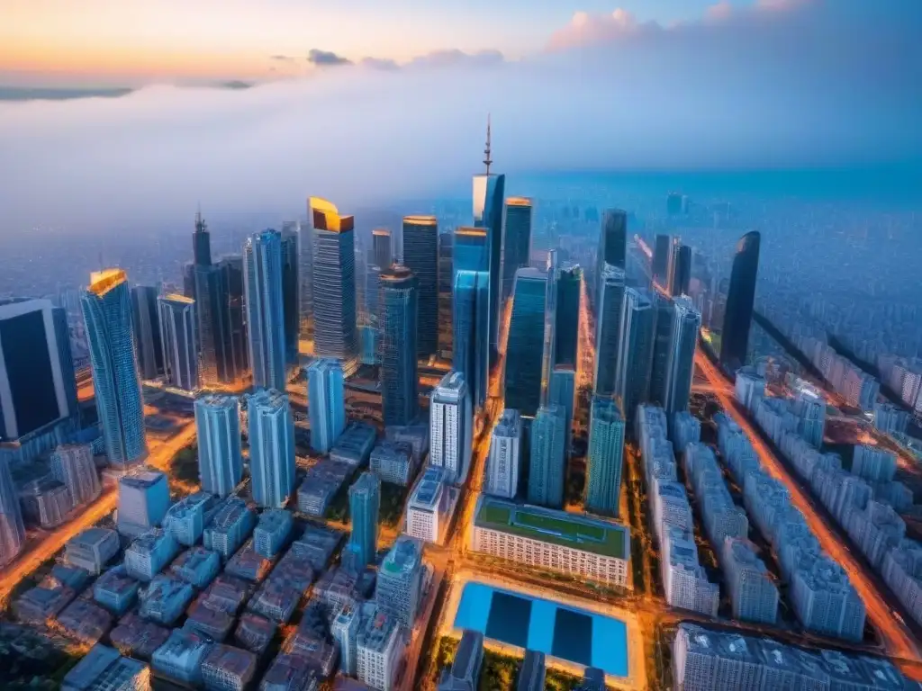 Vista aérea: ciudad emergente con rascacielos y crecimiento inmobiliario Vista aérea de ciudad emergente con rascacielos, calles concurridas y construcción