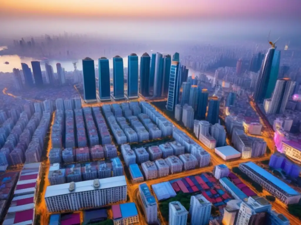 Metrópolis emergente: mezcla de tradición y modernidad en crecimiento Vista aérea de ciudad emergente: arquitectura tradicional y rascacielos reflejan oportunidades nichos inmobiliarios mercados emergentes