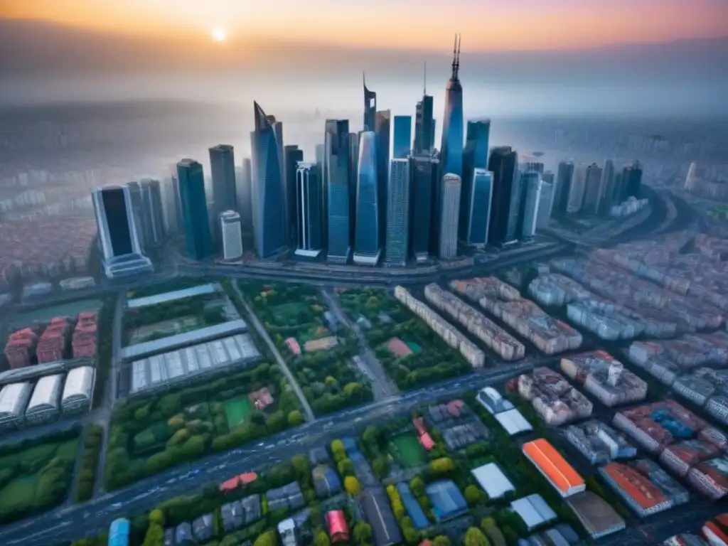 Panorámica aérea de ciudad emergente: rascacielos, tradición y verdor Vista aérea de una ciudad emergente vibrante, mezcla de rascacielos modernos y edificios tradicionales