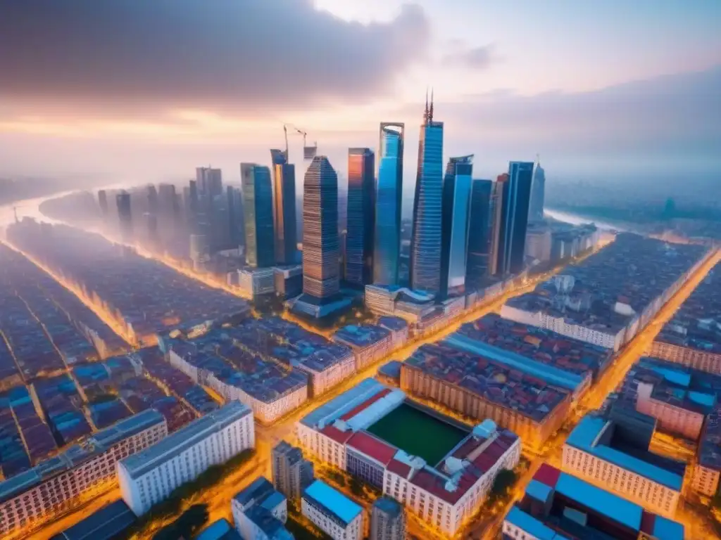 Cityscape vibrante: inversión en mercado emergente Vista aérea de la ciudad emergente, contrastando edificios modernos con arquitectura tradicional