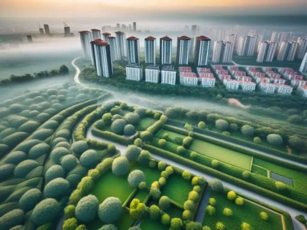 Contraste urbano: evolución de la vivienda en mercados emergentes Vista aérea de una ciudad emergente con contrastes entre arquitectura moderna y tradicional, simbolizando las políticas de vivienda en mercados emergentes