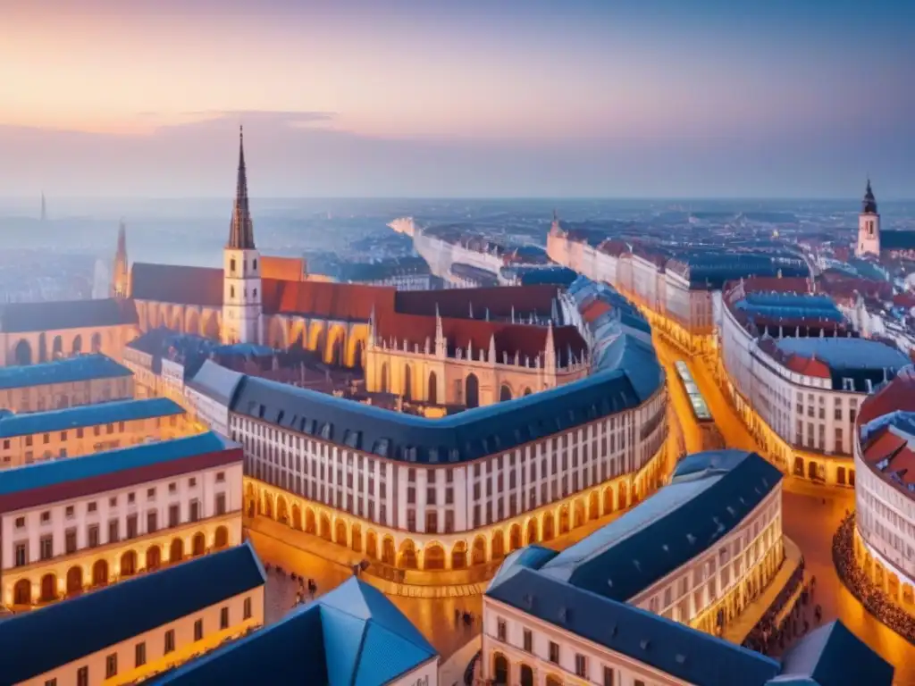 Vista aérea de ciudad europea: historia y modernidad en armonía nocturna Vista aérea de una ciudad europea al anochecer, con mezcla de arquitectura histórica y rascacielos modernos iluminados