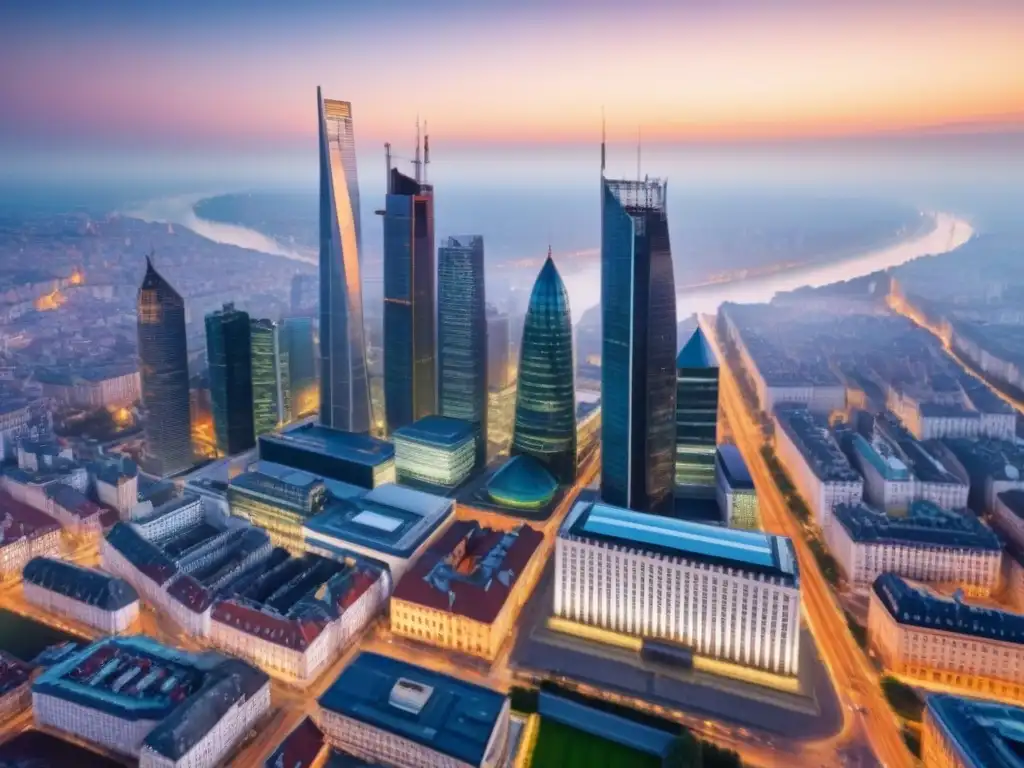 Horizonte urbano moderno en Europa del Este: mezcla de tradición e innovación Vista aérea de la ciudad europea del Este, mezcla de rascacielos modernos y edificios históricos