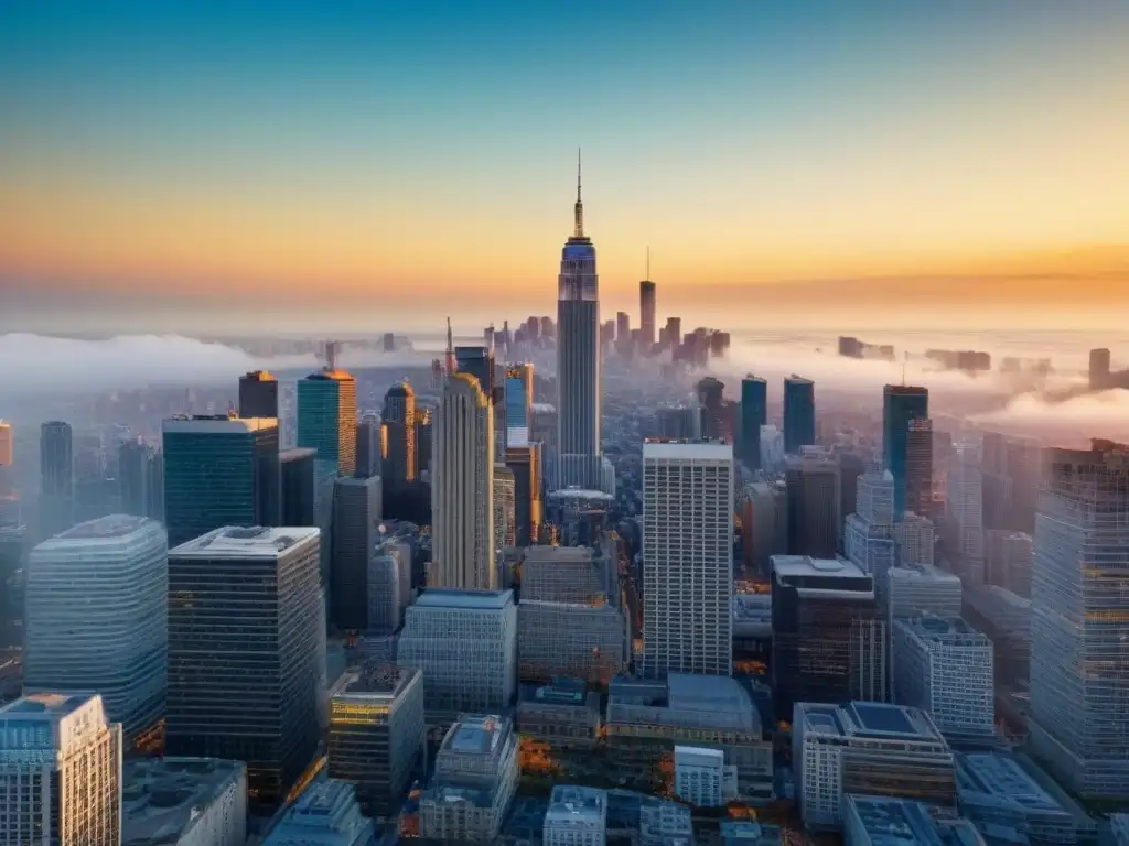 Vista aérea de ciudad financiera global con rascacielos y gente Vista aérea de ciudad financiera global con rascacielos y diversa arquitectura, gente en trajes de negocios y vida urbana vibrante