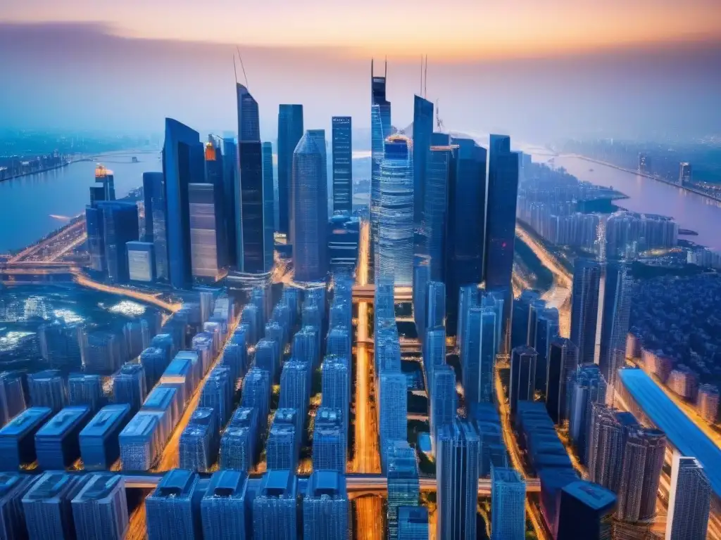 Inversiones globales: ciudad financiera en auge Vista aérea de una ciudad financiera global con gráficos bursátiles y tendencias de inversión