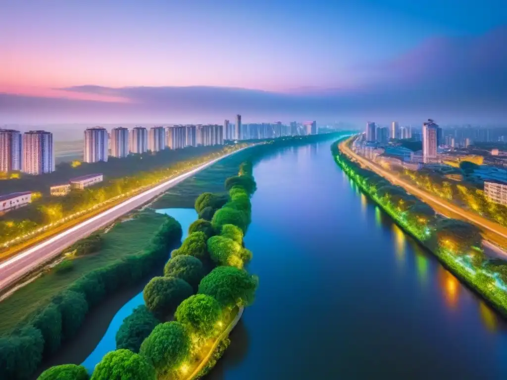 Metrópolis fronteriza: arquitectura futurista y naturaleza en sinergia Vista aérea de una ciudad fronteriza vanguardista al anochecer, con edificios futuristas iluminados por luces neón, rodeados de parques verdes y un río, fusionando modernidad y naturaleza en el desarrollo inmobiliario fronterizo tendencias