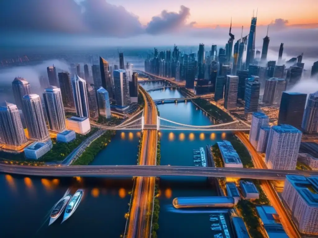 Metrópolis futurista: colaboración en bienes raíces globales Vista aérea de una ciudad futurista con rascacielos y puentes, simbolizando la colaboración en la industria inmobiliaria