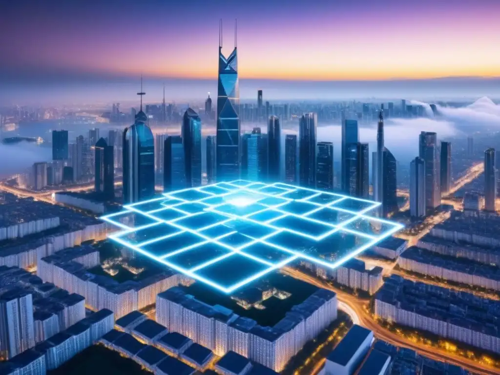 Innovación blockchain en inversión inmobiliaria internacional Vista aérea de ciudad futurista con rascacielos conectados por líneas de blockchain, reflejando innovación en inversiones inmobiliarias internacionales con blockchain
