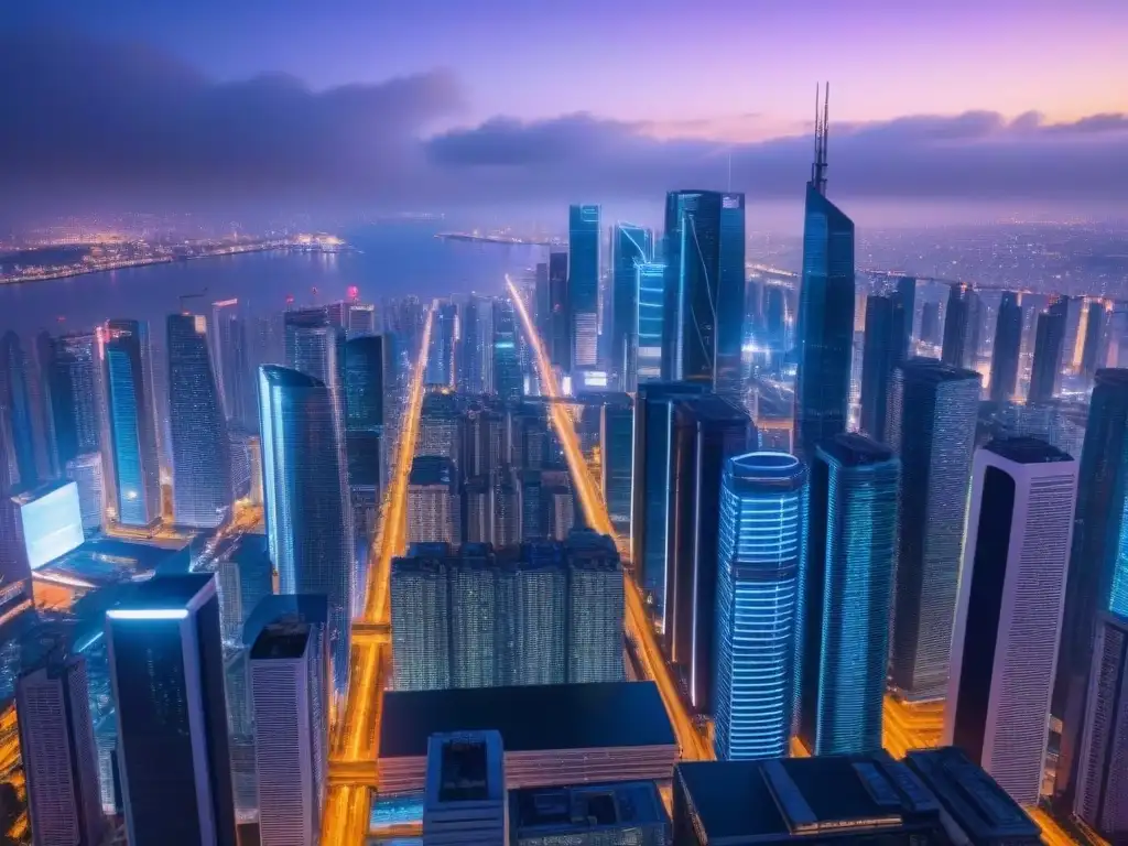Metrópolis futurista: luces neon y ciberseguridad Vista aérea de una ciudad futurista de noche, iluminada por luces de neón y pantallas digitales
