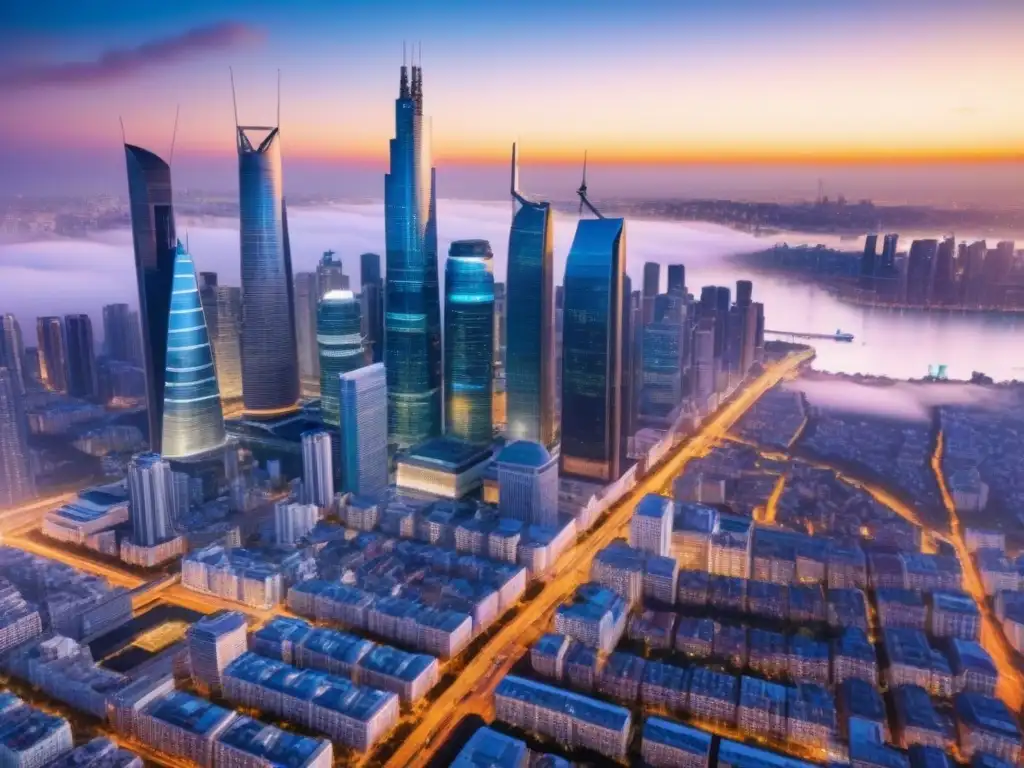 Metrópolis futurista: Integración de Big Data en el desarrollo inmobiliario Vista aérea de una ciudad futurista con rascacielos y datos digitales, mostrando cómo el Big Data identifica zonas de auge inmobiliario al atardecer
