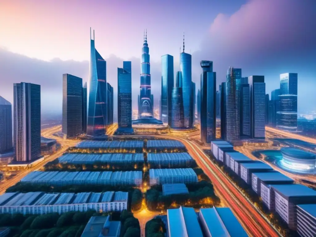 Metropolis futurista: Big Data en análisis inmobiliario Vista aérea de ciudad futurista con rascacielos y red de carreteras, reflejando integración de Big Data en mercado inmobiliario