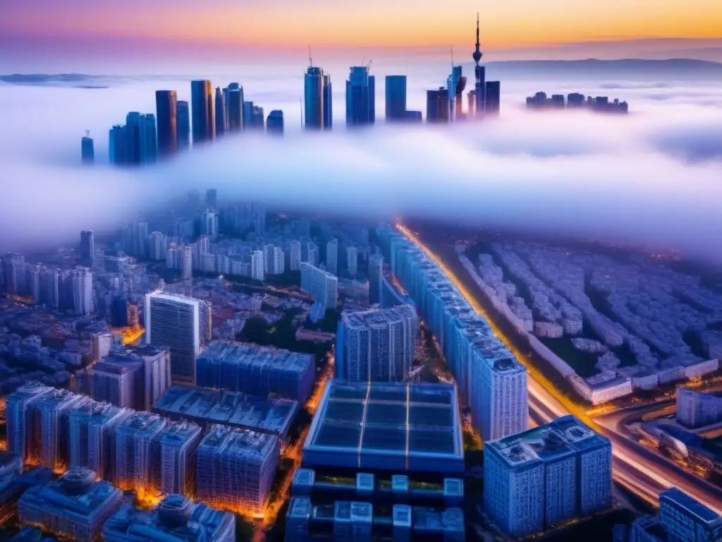 Metrópolis futurista al atardecer: rascacielos dorados Vista aérea de una ciudad futurista con rascacielos reflejando el atardecer dorado, ideal para análisis predictivo en inversión inmobiliaria