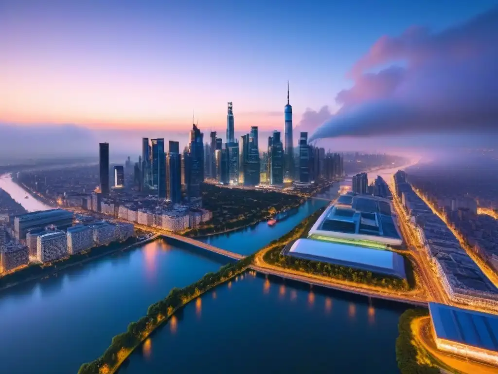 Metrópolis futurista al atardecer: mercado inmobiliario global en Big Data Vista aérea de una ciudad futurista iluminada al anochecer con rascacielos brillantes y calles luminosas, rodeada por un río brillante