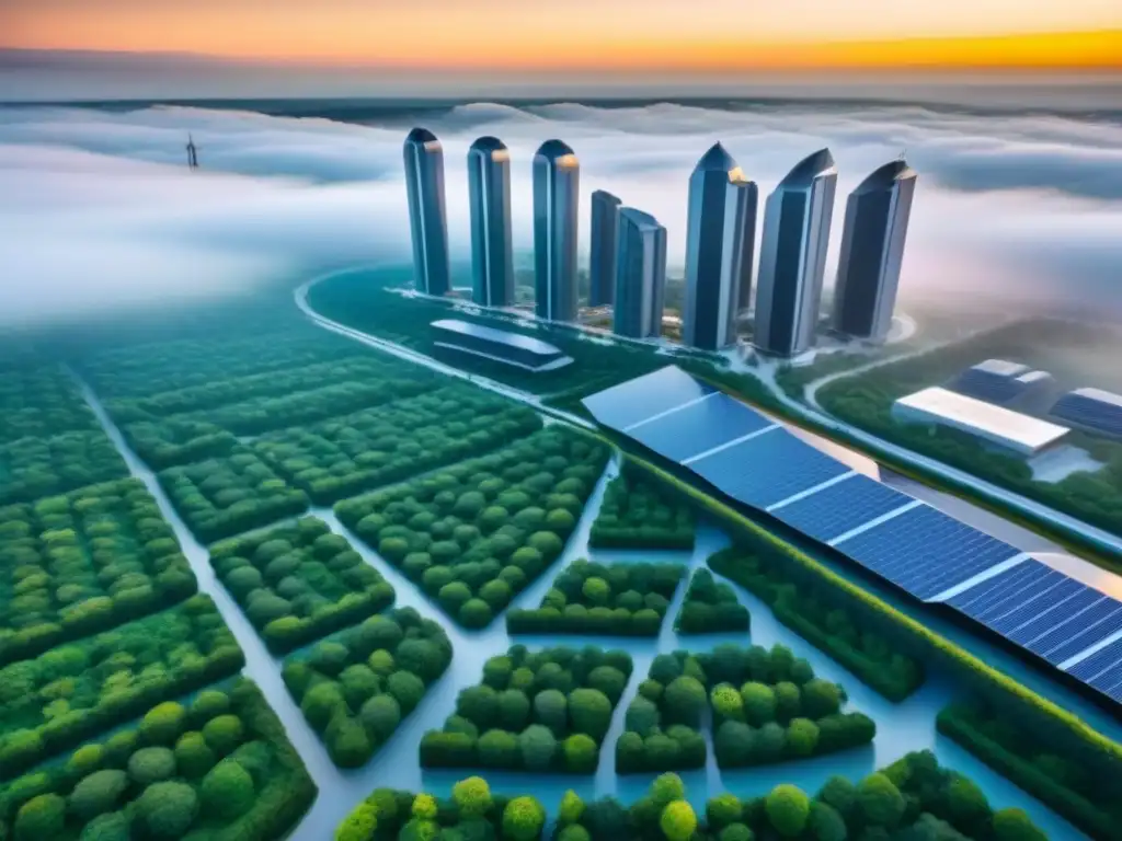 Metrópolis futurista sostenible: arquitectura innovadora y verde Vista aérea de una ciudad futurista con edificios inteligentes sostenibles internacionales