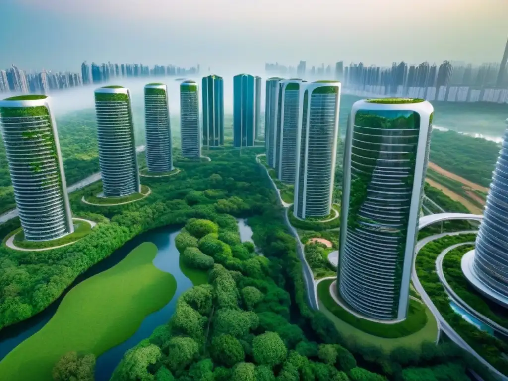 Metrópolis ecofuturista: armonía urbana y conservación ambiental Vista aérea de una ciudad futurista sostenible con rascacielos ecológicos y REITs ecológicos en el mercado inmobiliario
