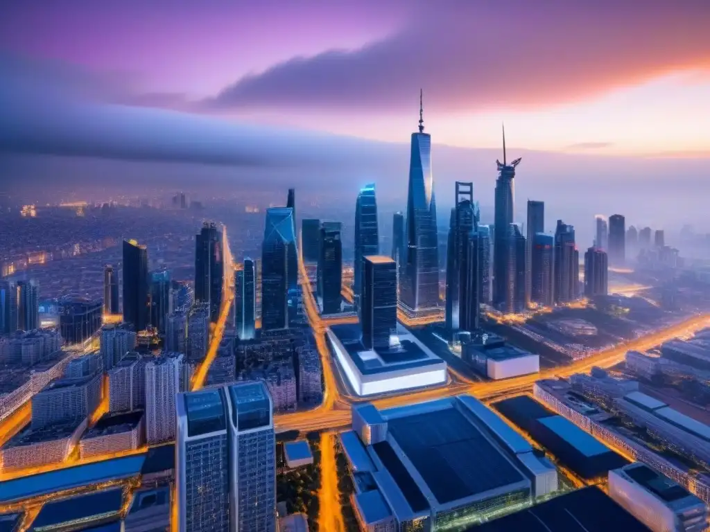 Avanzada gestión inmobiliaria: ciudad futurista con tecnologías PropTech Vista aérea de ciudad futurista con edificios inteligentes y tecnologías avanzadas de gestión inmobiliaria internacional