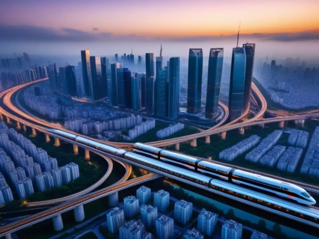 Metrópolis futurista: Impacto de la Iniciativa del Cinturón y Ruta en el mercado inmobiliario global Vista aérea de ciudad futurista con rascacielos y trenes de alta velocidad, reflejando impacto en Mercado Inmobiliario Global Franja Ruta