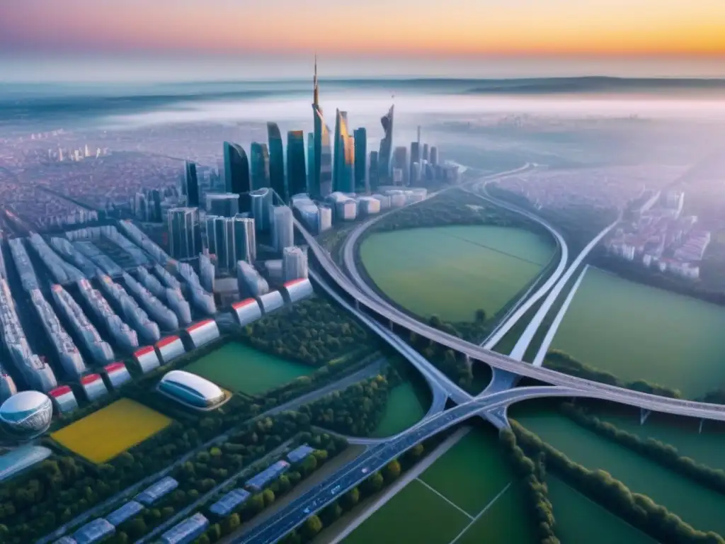 Horizonte vanguardista en Europa del Este: ciudad sostenible y futurista Vista aérea de una ciudad futurista en Europa del Este con tendencias urbanísticas innovadoras y sostenibles