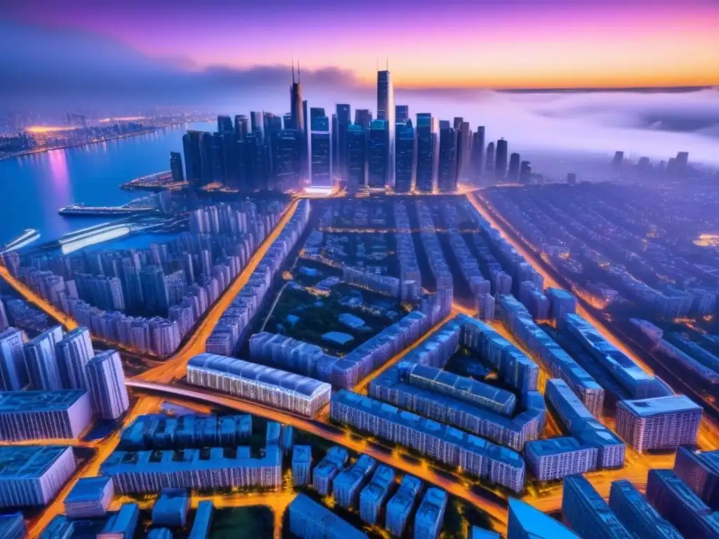 Metrópolis futurista: luces neón y arquitectura innovadora al atardecer Vista aérea de una ciudad futurista al anochecer, con rascacielos iluminados por luces neón