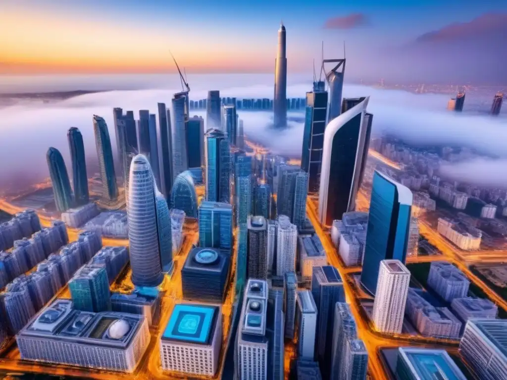 Metrópolis futurista: arquitectura innovadora y diversidad urbana Vista aérea de una ciudad futurista con rascacielos avanzados y calles bulliciosas, simbolizando inversiones inmobiliarias internacionales avanzadas