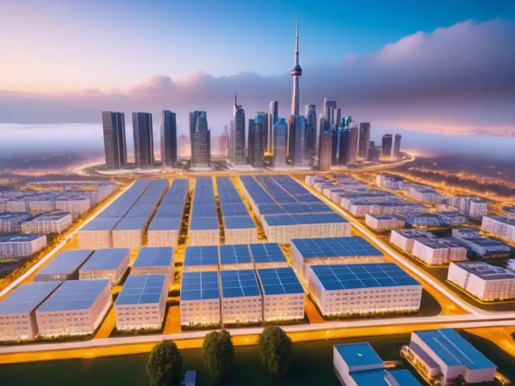 Metrópolis futurista: tecnología inteligente en la industria inmobiliaria de Norteamérica Vista aérea de una ciudad futurista con edificios altos conectados por redes digitales, tecnología en bienes raíces internacionales