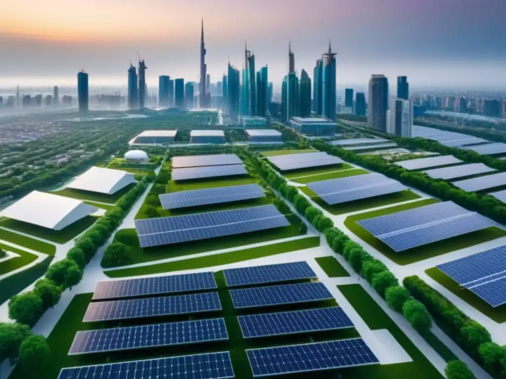 Metrópolis futurista y sostenible en América del Norte Vista aérea de ciudad futurista con innovadoras inversiones inmobiliarias en Norteamérica