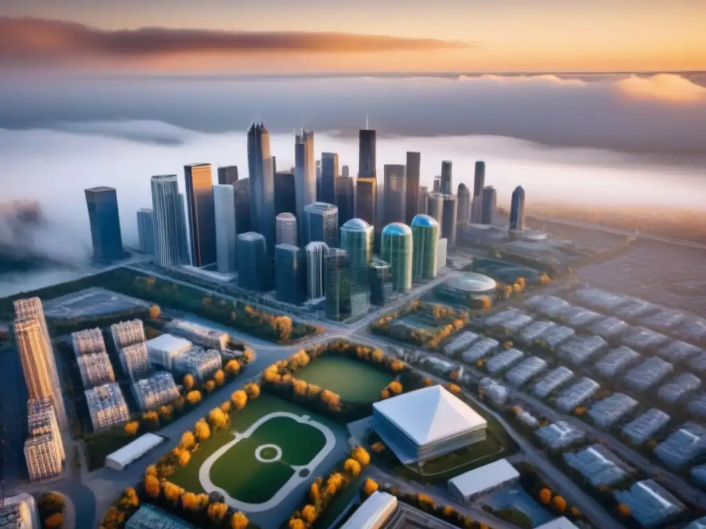 Metrópolis futurista en América del Norte: innovación urbana al atardecer Vista aérea de una ciudad futurista en Norteamérica con rascacielos, espacios verdes y sistemas de transporte avanzados al atardecer