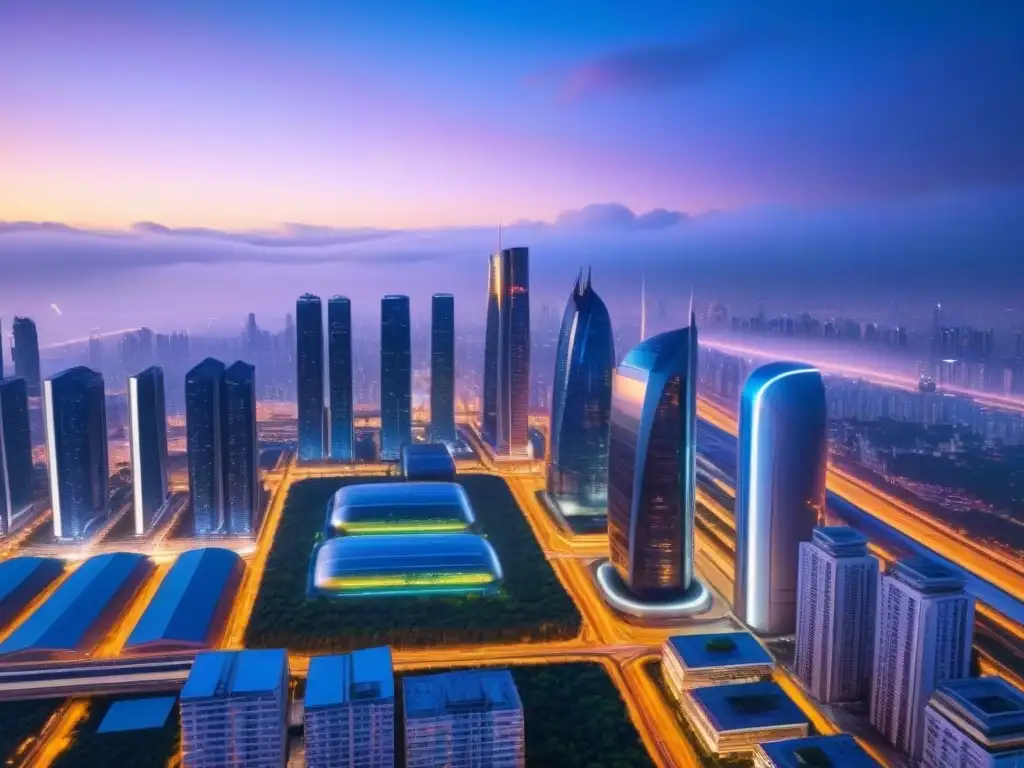 Metrópolis futurista: luces neón y tecnología avanzada Vista aérea de una ciudad futurista al anochecer con rascacielos, jardines en azoteas y trenes maglev, iluminada con luces de neón