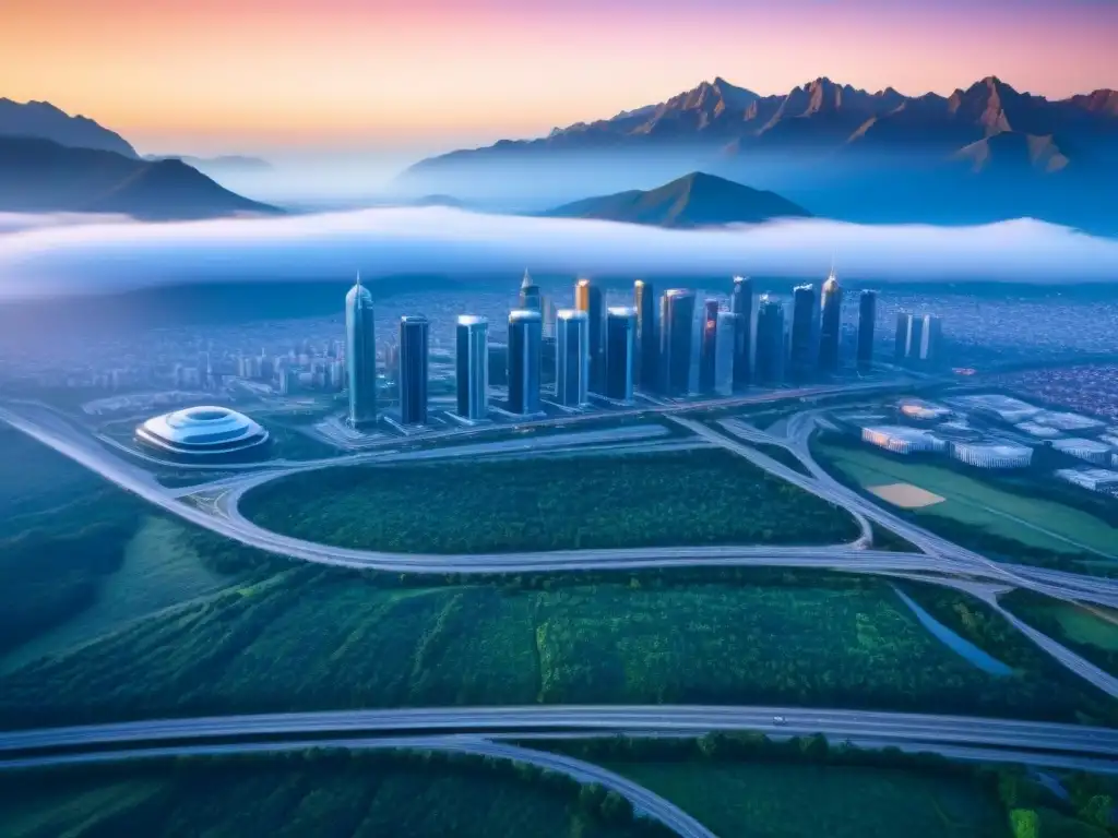 Metrópolis futurista: luces, naturaleza y crecimiento urbano Vista aérea de una ciudad futurista entre montañas, con propiedades centros datos crecimiento