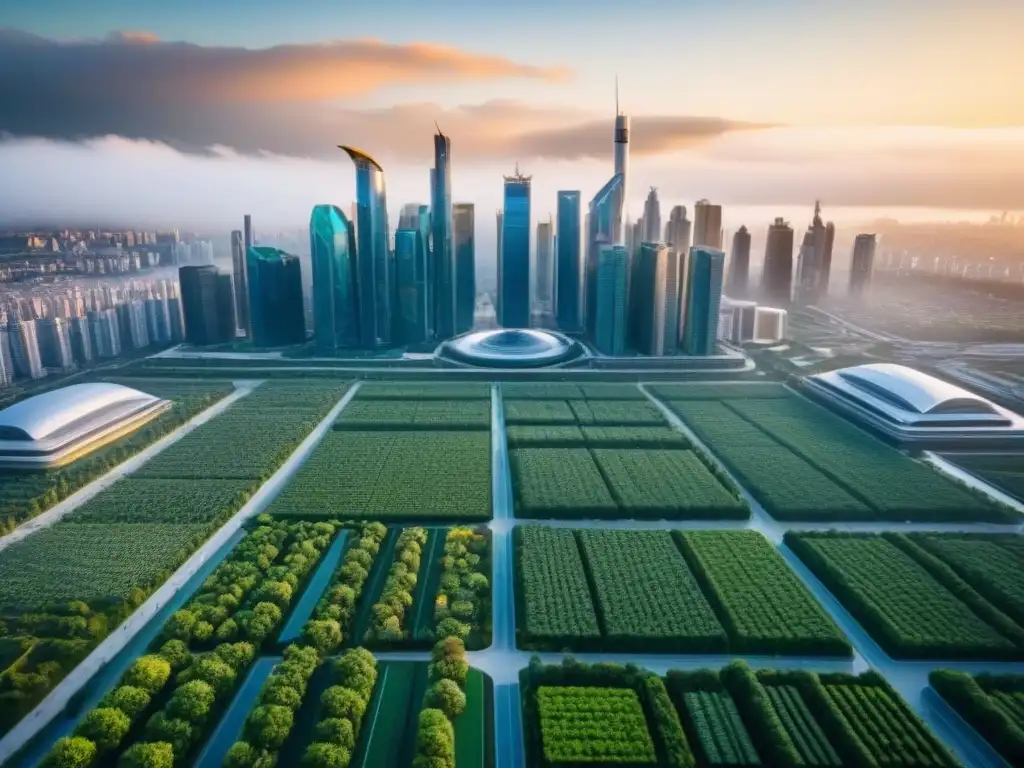 Visión futurista: ciudad sostenible y moderna Vista aérea de una ciudad futurista sostenible con rascacielos, techos verdes y energía renovable, reflejo de inversión inmobiliaria postcrisis global