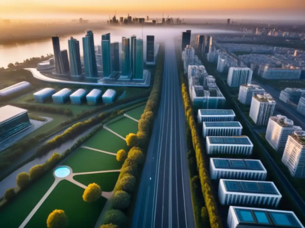 Metrópolis futurista: arquitectura innovadora y naturaleza en armonía Vista aérea de ciudad futurista con rascacielos innovadores y espacios verdes, simbolizando Inversiones inmobiliarias internacionales postCOVID