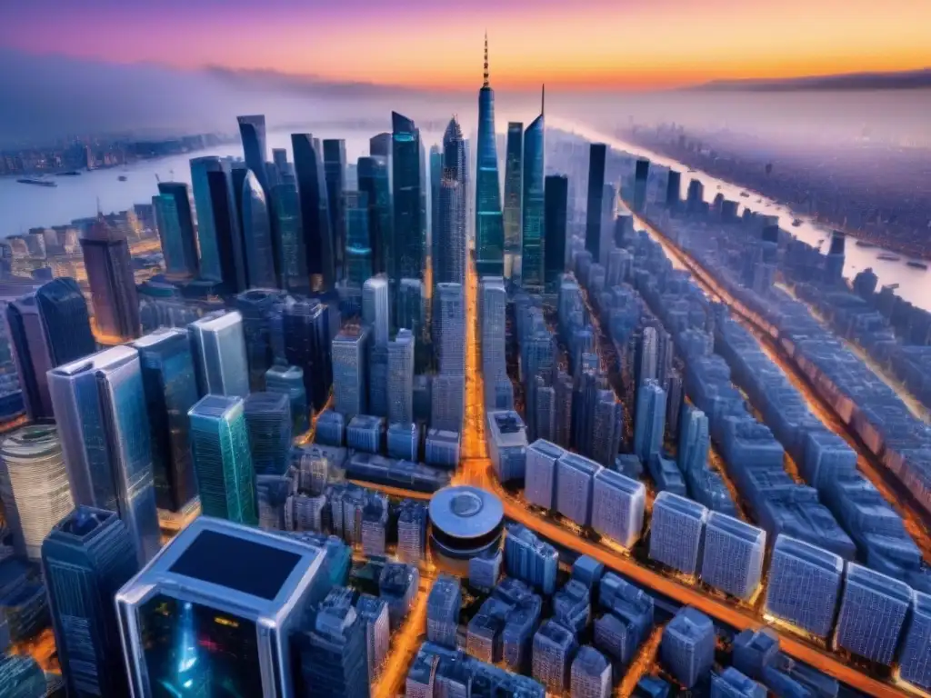 Futurismo financiero: ciudad global en crecimiento Vista aérea de una ciudad futurista con rascacielos, calles bulliciosas y pantallas digitales mostrando datos financieros, representando el entorno de inversión global moderno, Reglas del juego mercado inmobiliario