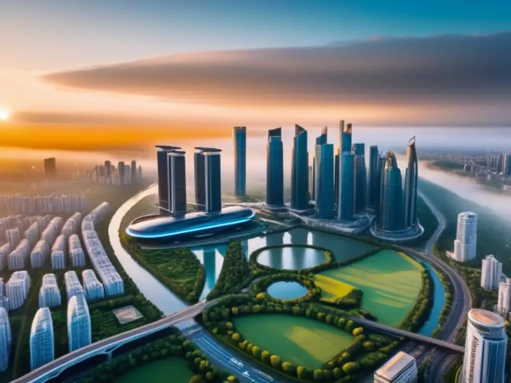Metrópolis futurista al anochecer: visión urbana sofisticada Vista aérea de una ciudad futurista al anochecer con rascacielos brillantes y calles llenas de vida