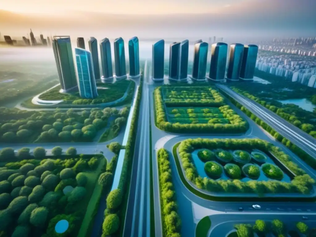 Metrópolis futurista: naturaleza y tecnología en armonía Vista aérea de una ciudad futurista con rascacielos y parques verdes, mostrando la integración de tecnología y desarrollo urbano