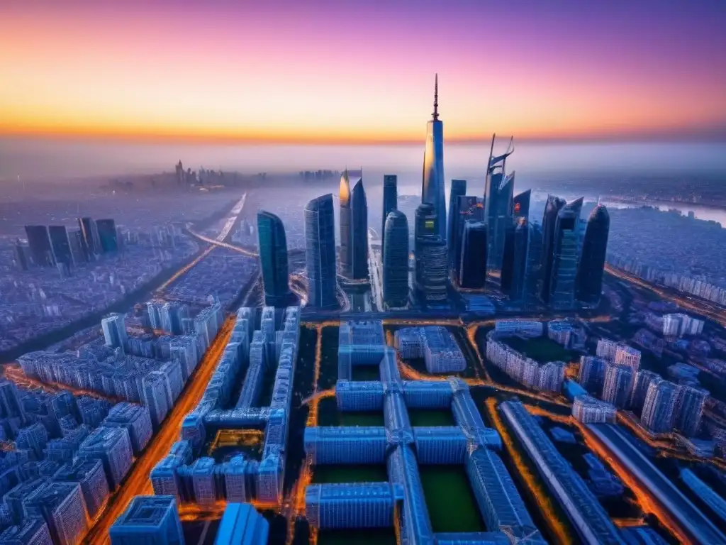 Horizonte futurista: ciudad posBrexit llena de oportunidades Vista aérea de una ciudad futurista post-Brexit con rascacielos modernos reflejando tonos dorados del atardecer