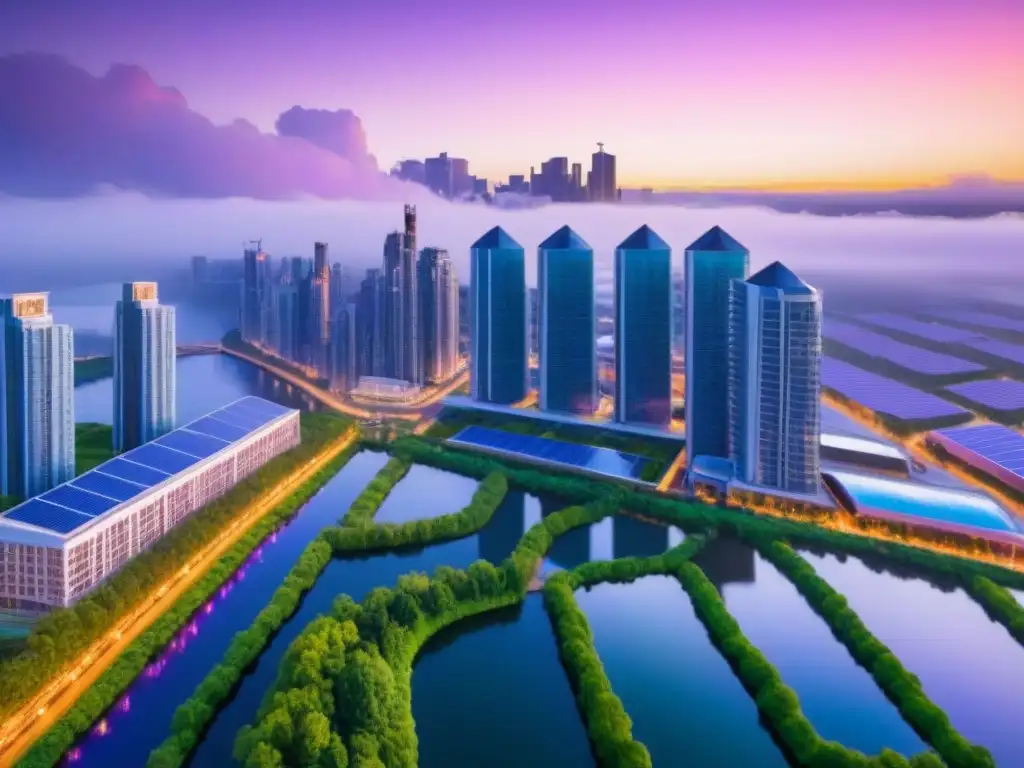 Horizonte ecofuturista: ciudad sostenible y verde junto al río Vista aérea de ciudad futurista y sostenible con rascacielos ecoamigables, reflejando normativas ambientales en inversiones inmobiliarias
