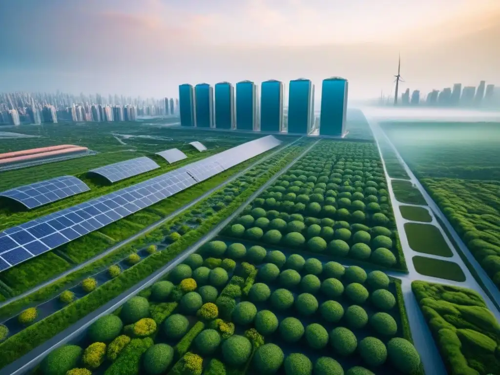 Futurista ciudad ecológica: innovación y sostenibilidad urbana Vista aérea de ciudad futurista ecoamigable con construcción sostenible para inversores internacionales