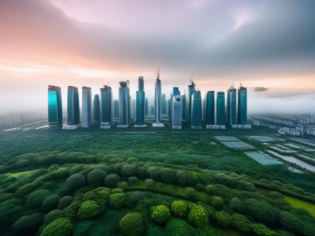 Metrópolis futurista ecoamigable en armonía con la naturaleza Vista aérea de una ciudad futurista con rascacielos sostenibles rodeados de vegetación, mostrando la armonía entre desarrollo urbano y naturaleza frente al impacto del cambio climático en el mercado inmobiliario