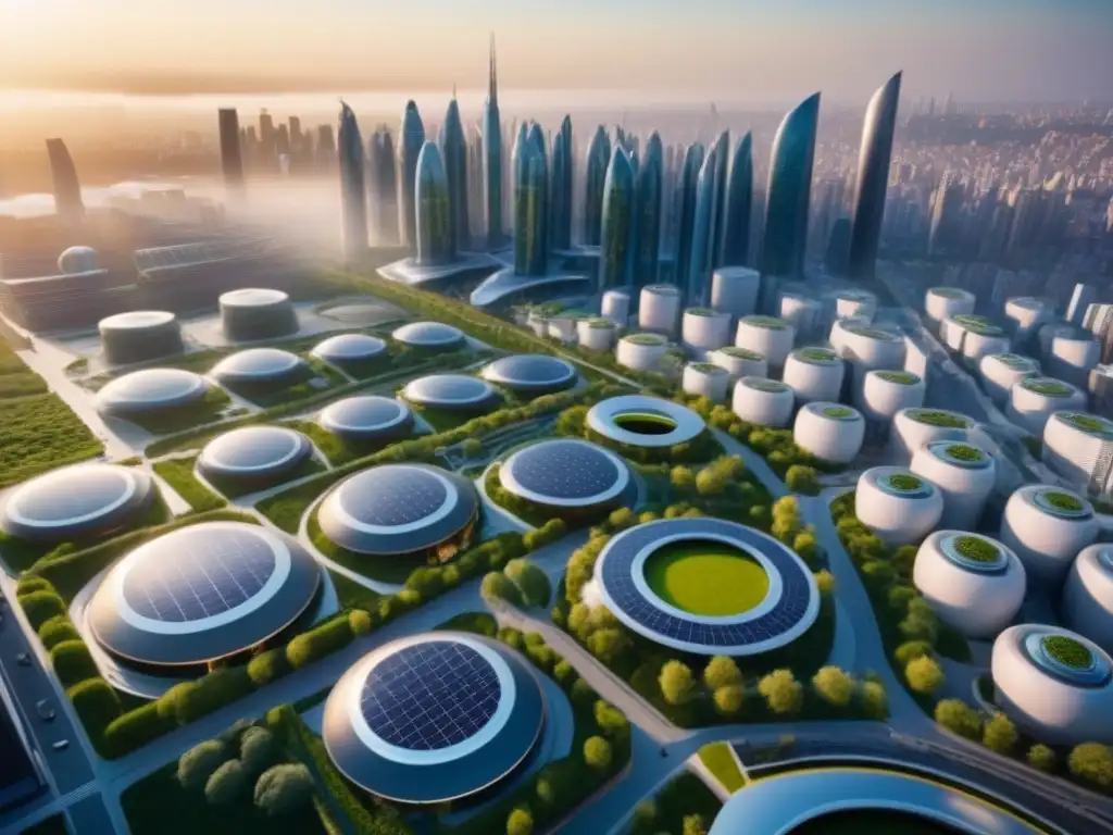 Cityscape futurista: arquitectura ecoeficiente y tecnología sostenible Vista aérea de una ciudad futurista con edificios energía cero construcción sostenible y techos verdes