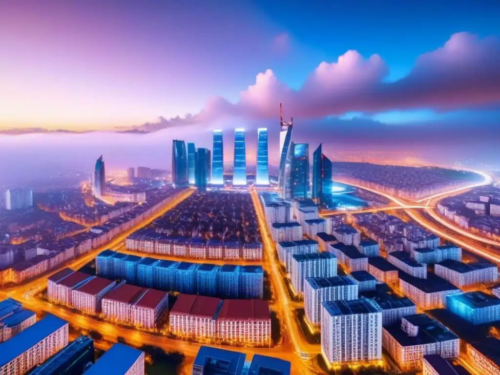 Blockchain en la Ciudad Futurista: Transacciones Inmobiliarias Innovadoras Vista aérea de una ciudad futurista en Europa del Este con integración de tecnología blockchain en transacciones inmobiliarias