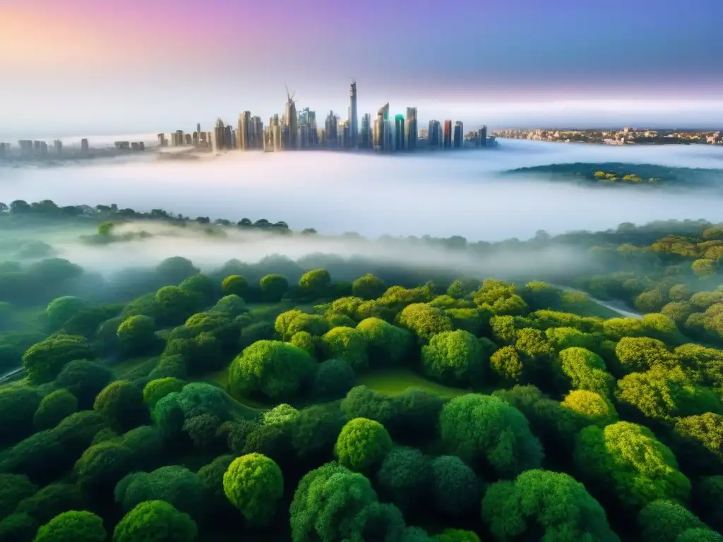 Metrópolis futurista: rascacielos, calles bulliciosas y espacios verdes Vista aérea de una ciudad futurista con rascacielos elegantes, calles bulliciosas y espacios verdes integrados, reflejando un ambiente urbano moderno próspero con innovación y diversidad, ideal para estrategias de inversión inmobiliaria internacional
